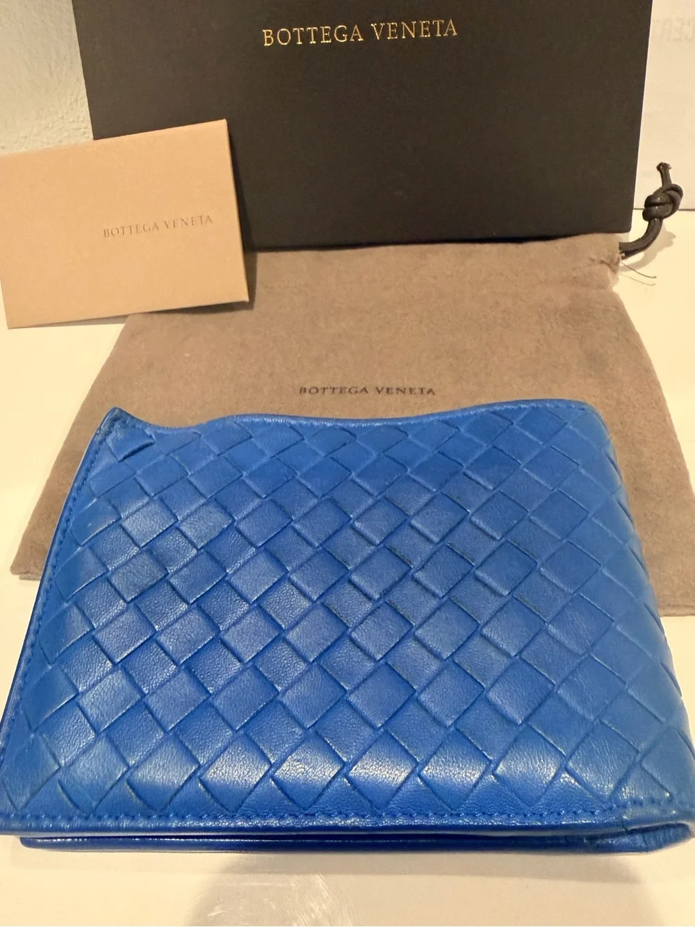 Bottega Veneta Blue Intrecciato Woven Leather Bifold Wallet - Full Inclusion